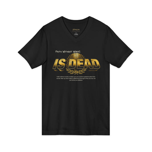 V-Neck Tee — 'Faith without Work is Dead' Vintage Sun Graphic