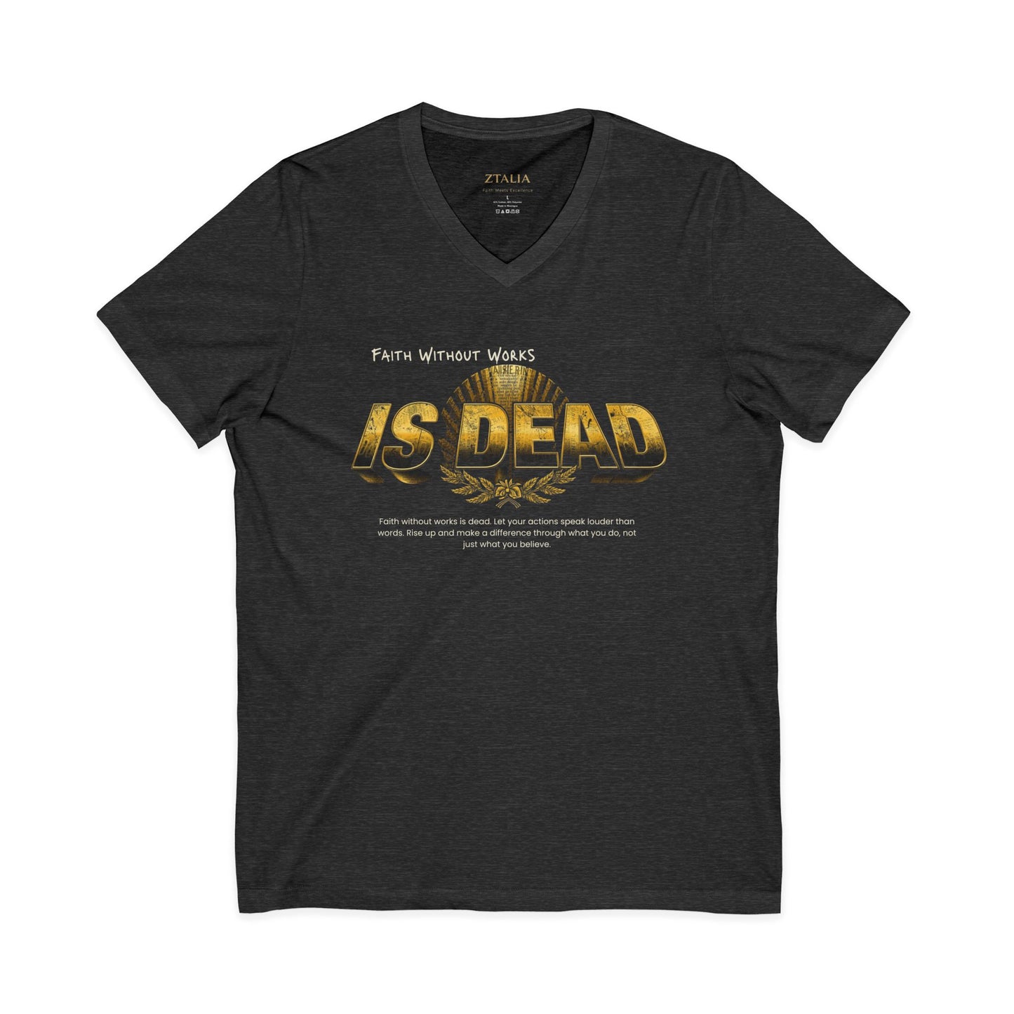 V-Neck Tee — 'Faith without Work is Dead' Vintage Sun Graphic