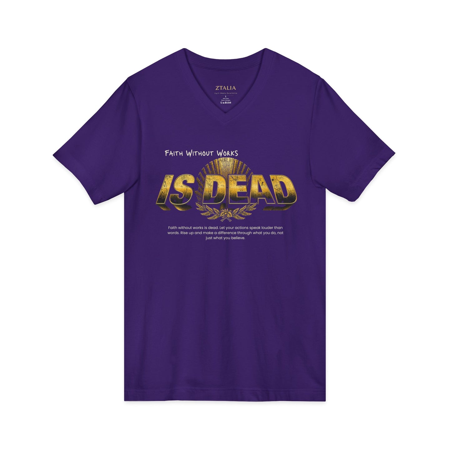 V-Neck Tee — 'Faith without Work is Dead' Vintage Sun Graphic