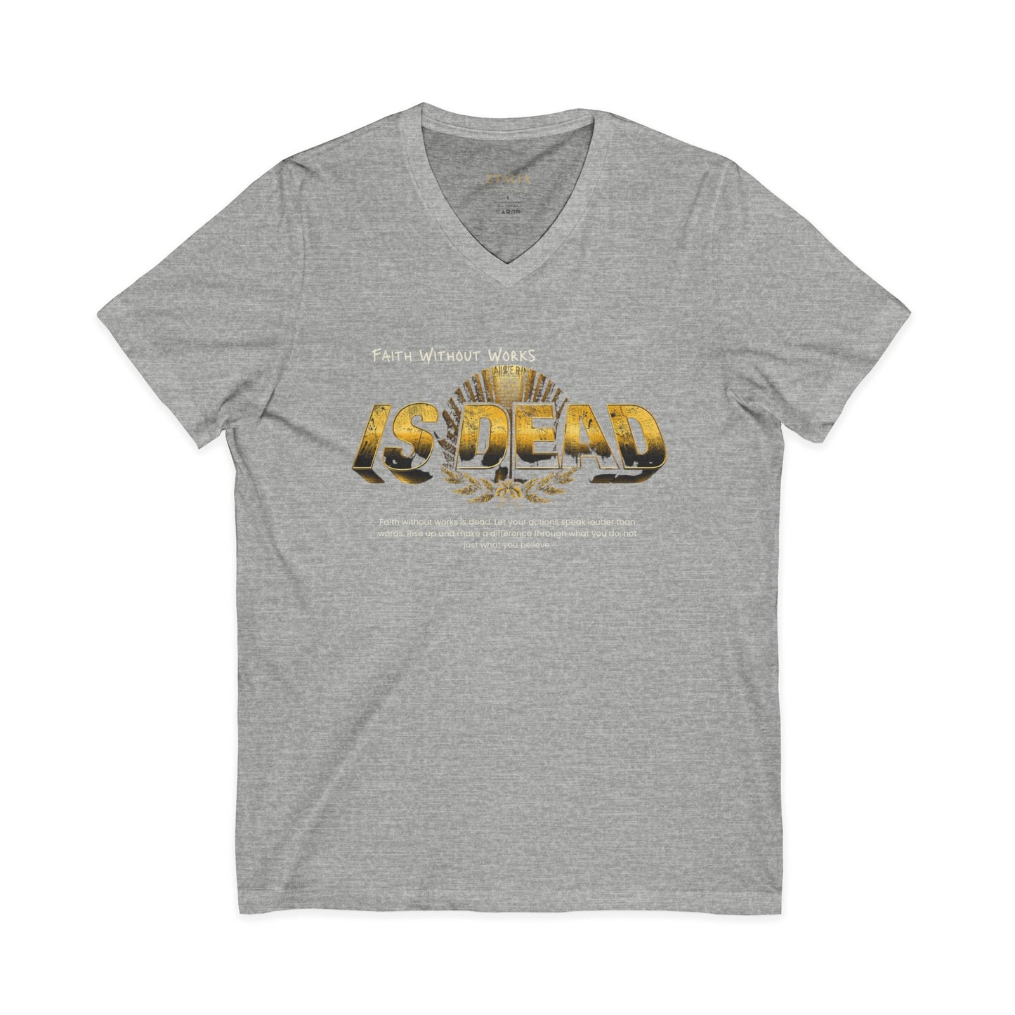 V-Neck Tee — 'Faith without Work is Dead' Vintage Sun Graphic