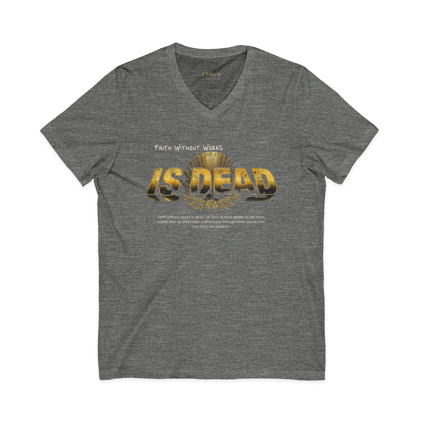 V-Neck Tee — 'Faith without Work is Dead' Vintage Sun Graphic