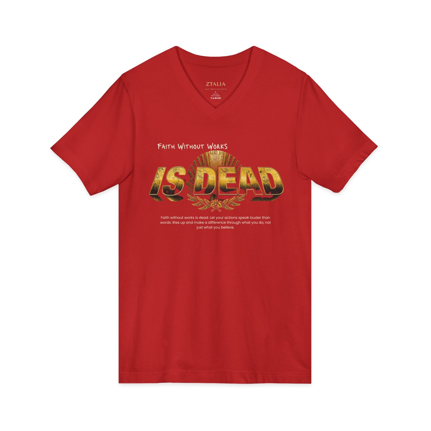 V-Neck Tee — 'Faith without Work is Dead' Vintage Sun Graphic