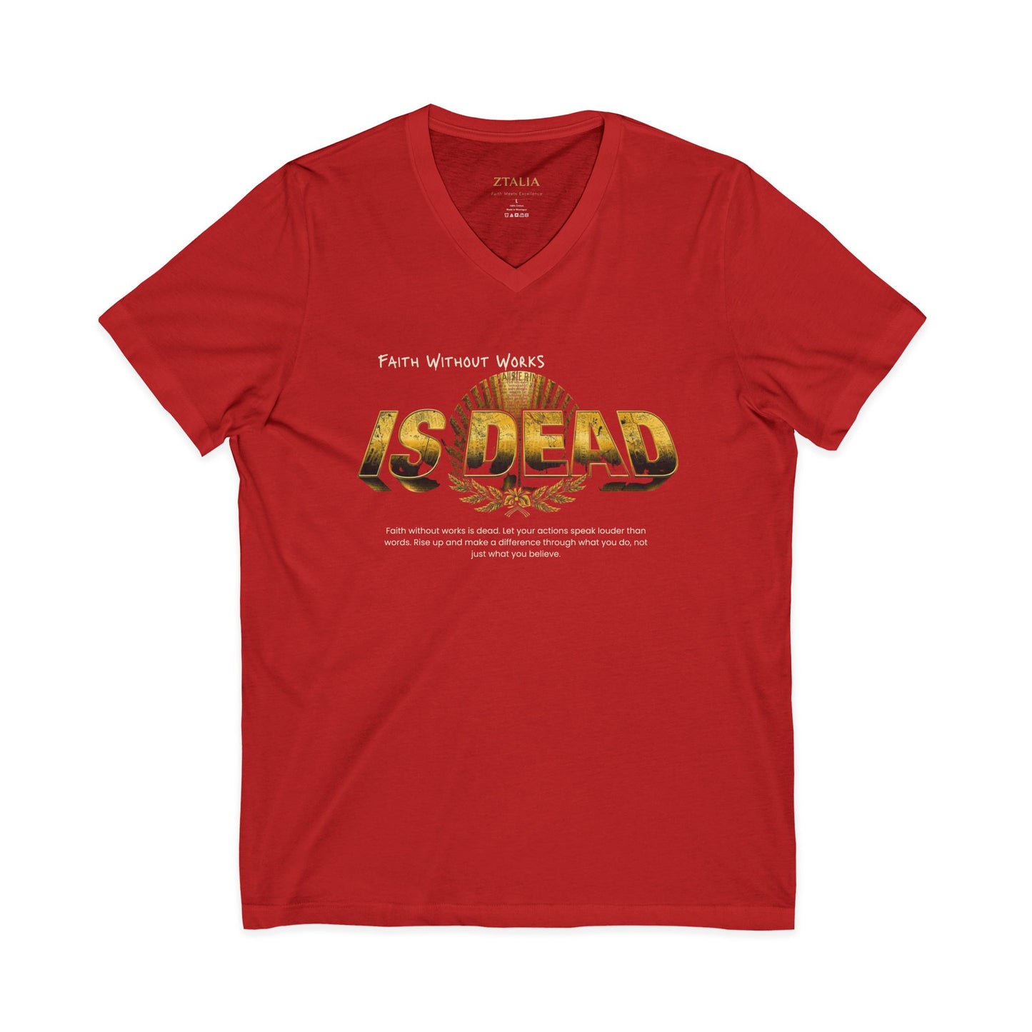 V-Neck Tee — 'Faith without Work is Dead' Vintage Sun Graphic