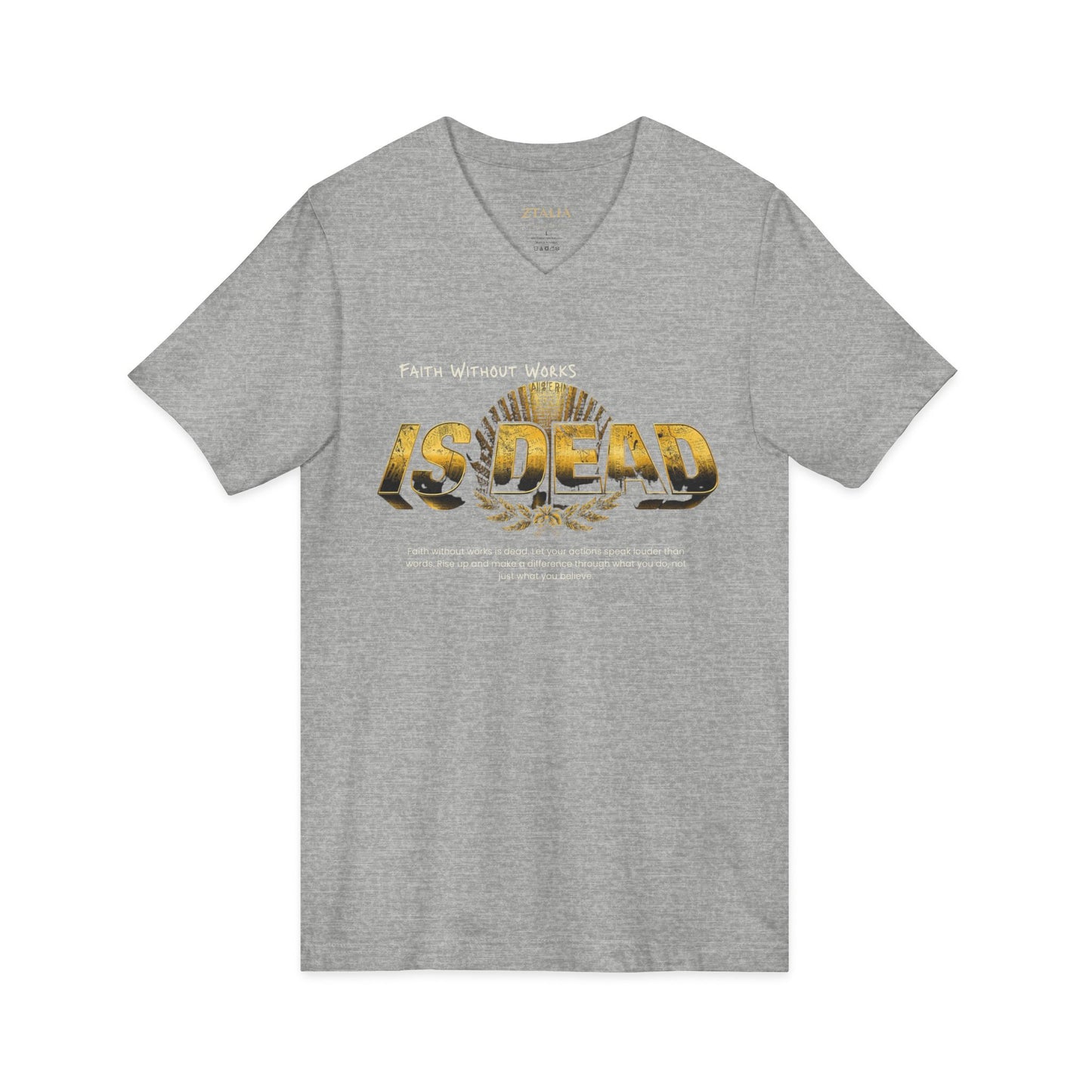 V-Neck Tee — 'Faith without Work is Dead' Vintage Sun Graphic