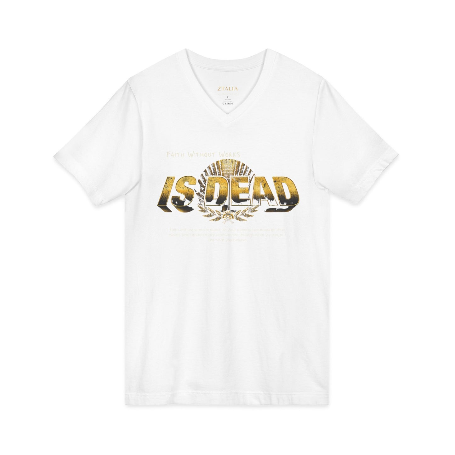 V-Neck Tee — 'Faith without Work is Dead' Vintage Sun Graphic