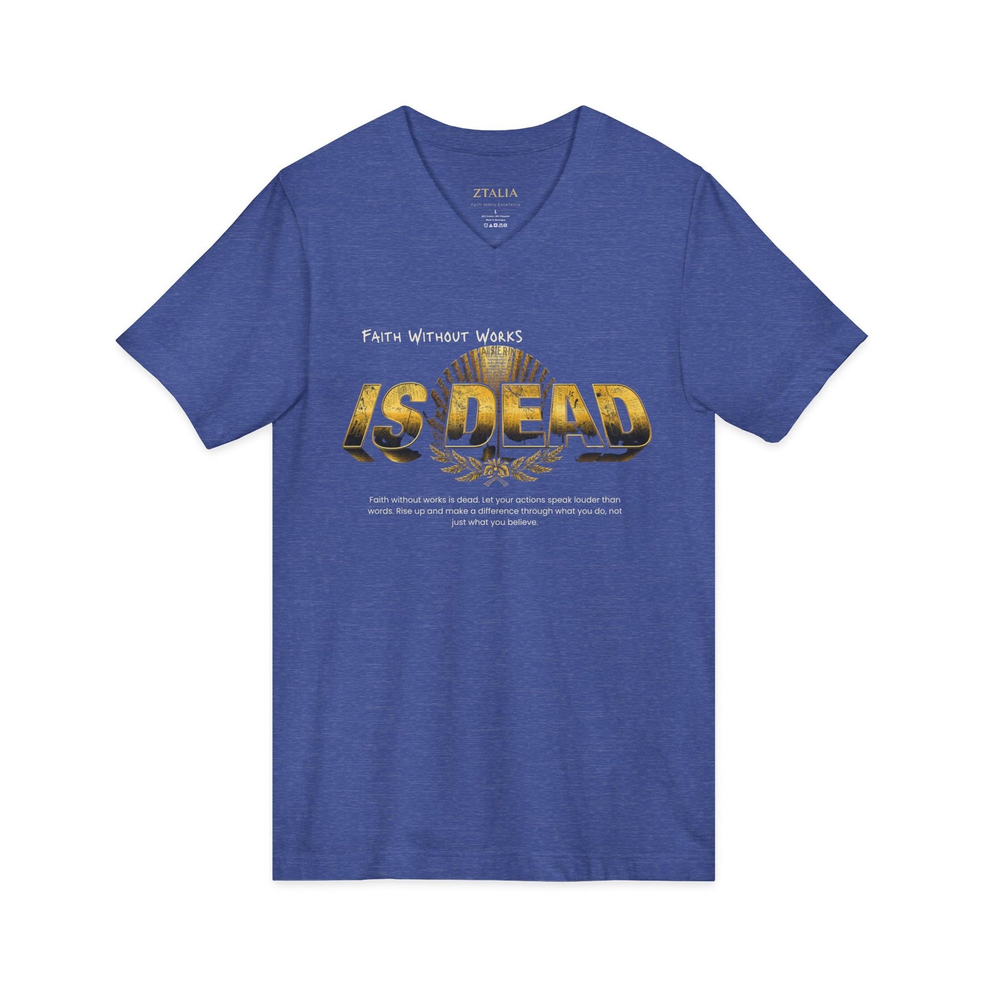V-Neck Tee — 'Faith without Work is Dead' Vintage Sun Graphic