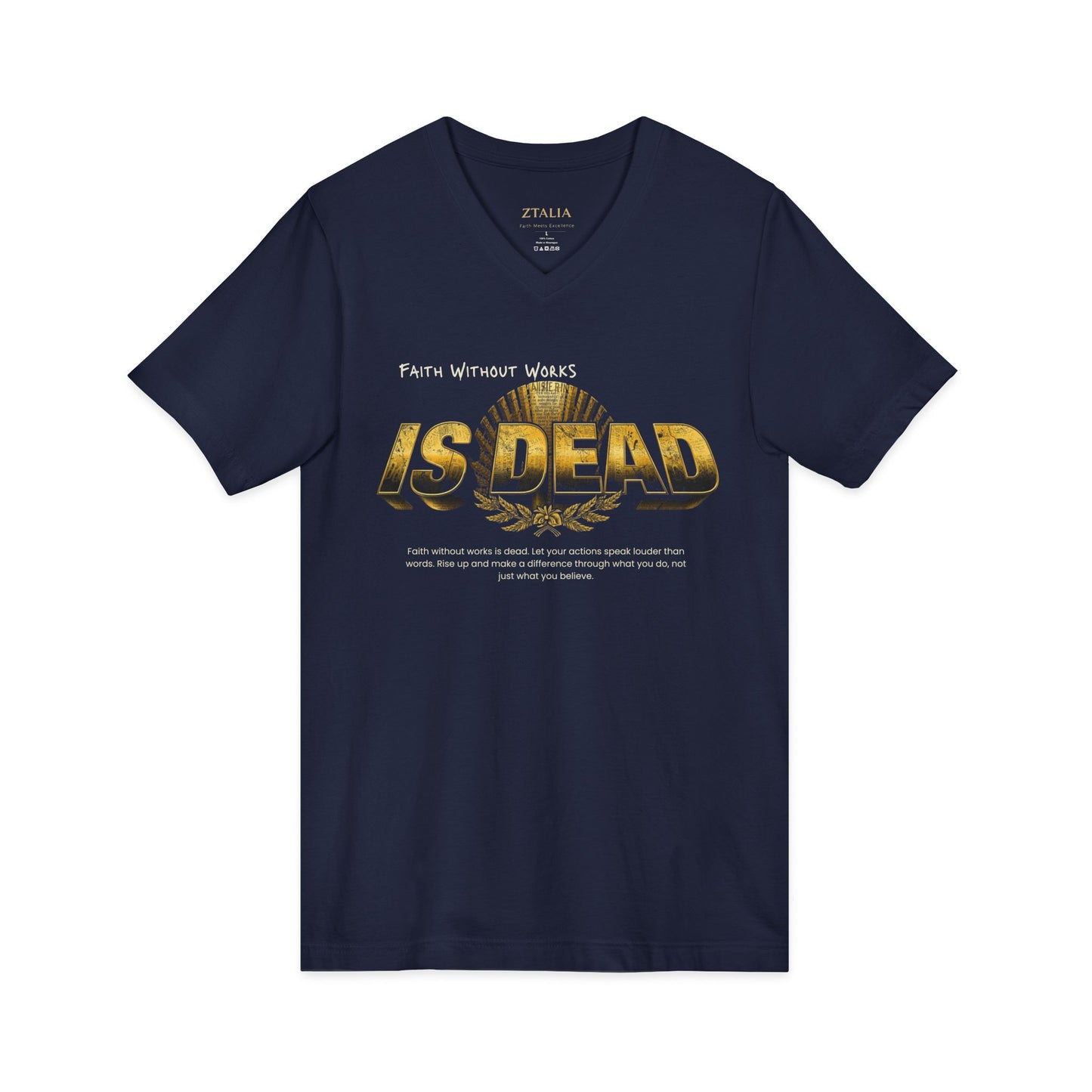 V-Neck Tee — 'Faith without Work is Dead' Vintage Sun Graphic