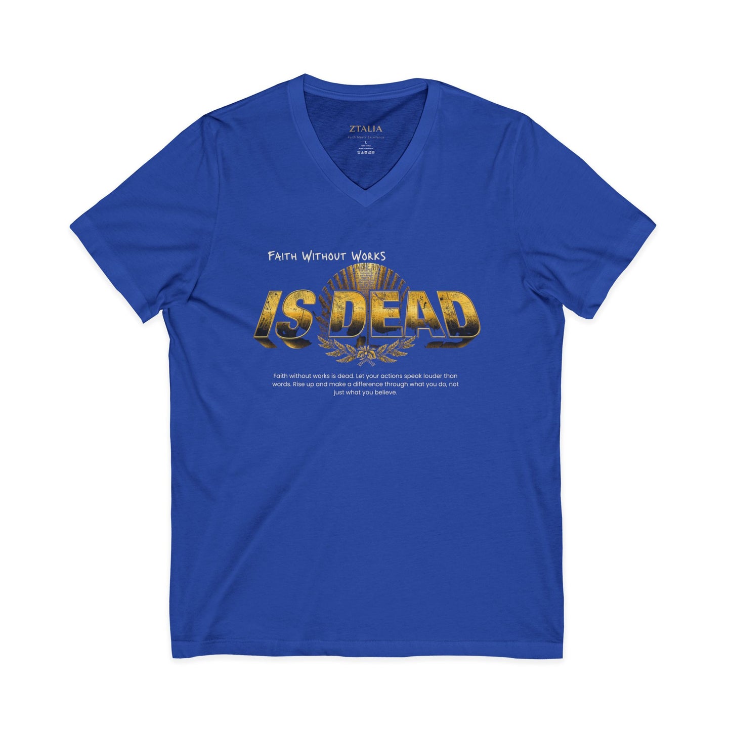 V-Neck Tee — 'Faith without Work is Dead' Vintage Sun Graphic
