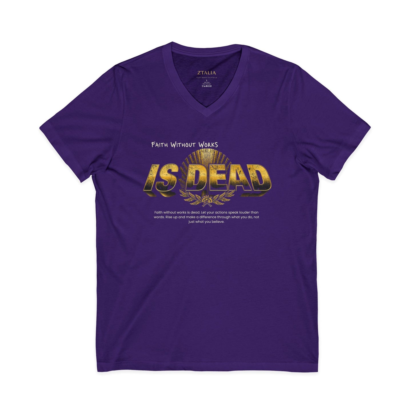 V-Neck Tee — 'Faith without Work is Dead' Vintage Sun Graphic