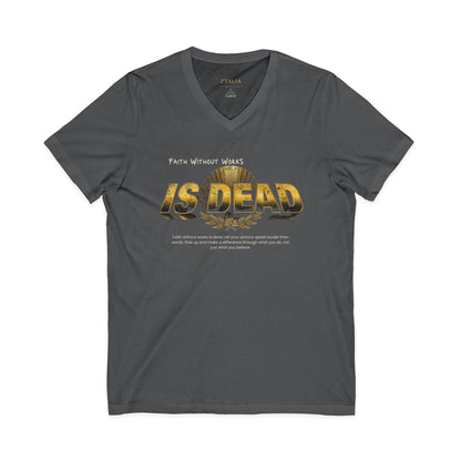 V-Neck Tee — 'Faith without Work is Dead' Vintage Sun Graphic