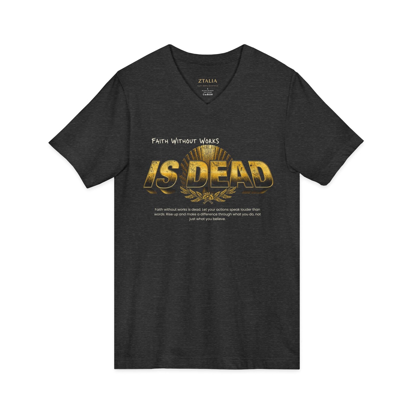 V-Neck Tee — 'Faith without Work is Dead' Vintage Sun Graphic