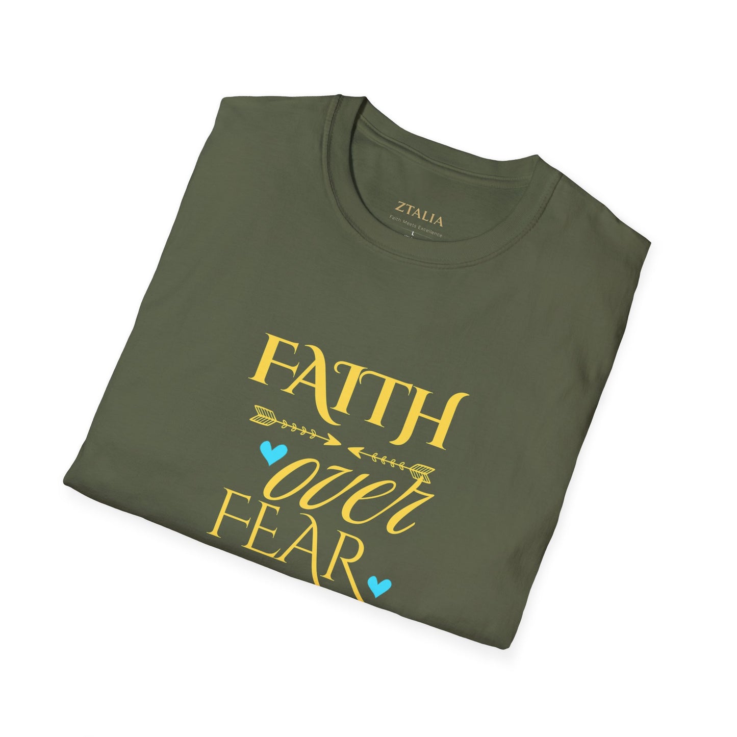 Faith Over Fear T-Shirt — Inspirational Christian Tee with Soft Script & Heart Accents