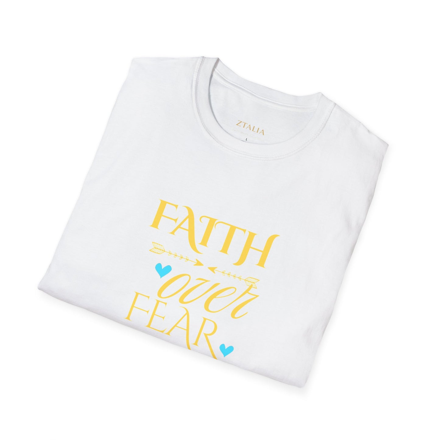 Faith Over Fear T-Shirt — Inspirational Christian Tee with Soft Script & Heart Accents