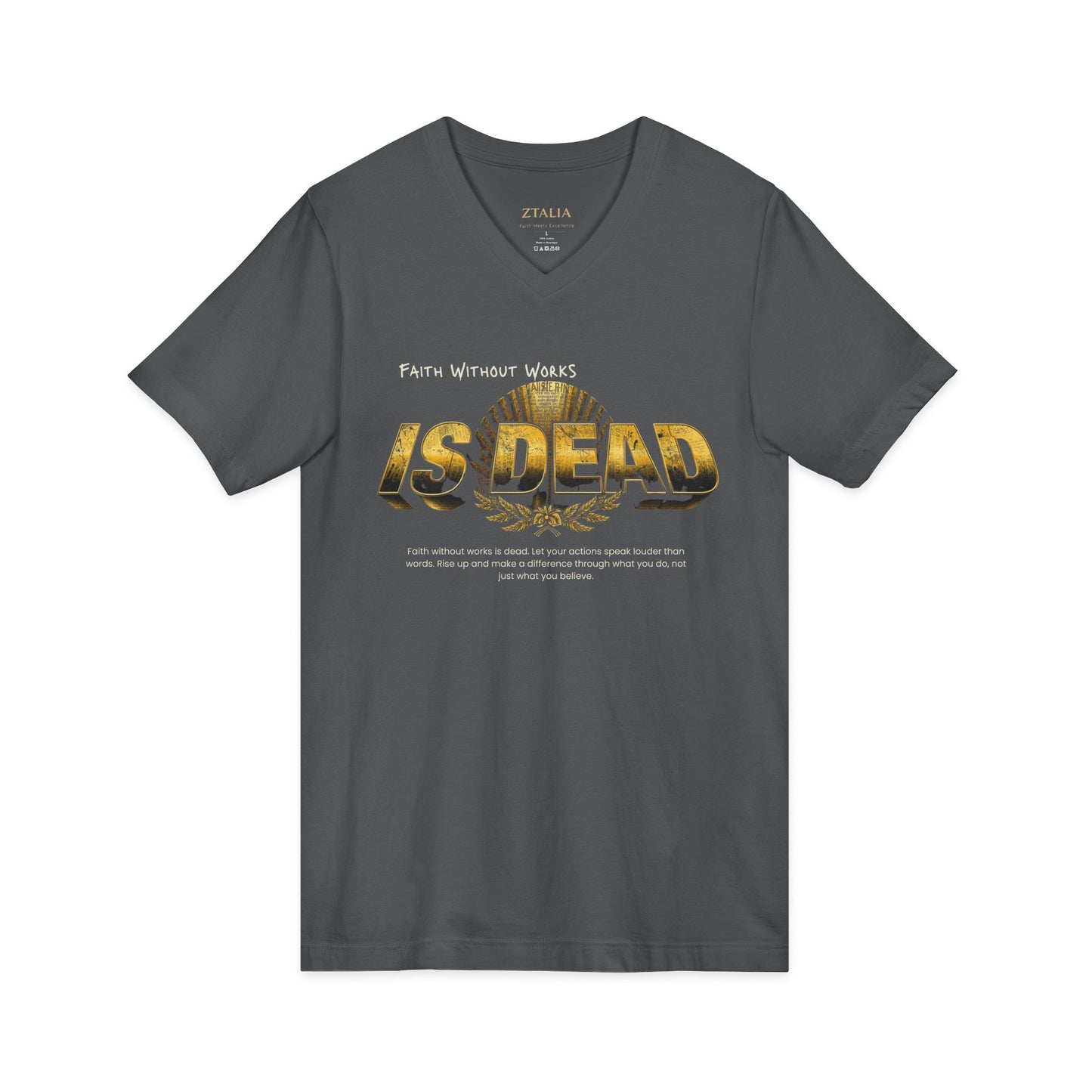 V-Neck Tee — 'Faith without Work is Dead' Vintage Sun Graphic