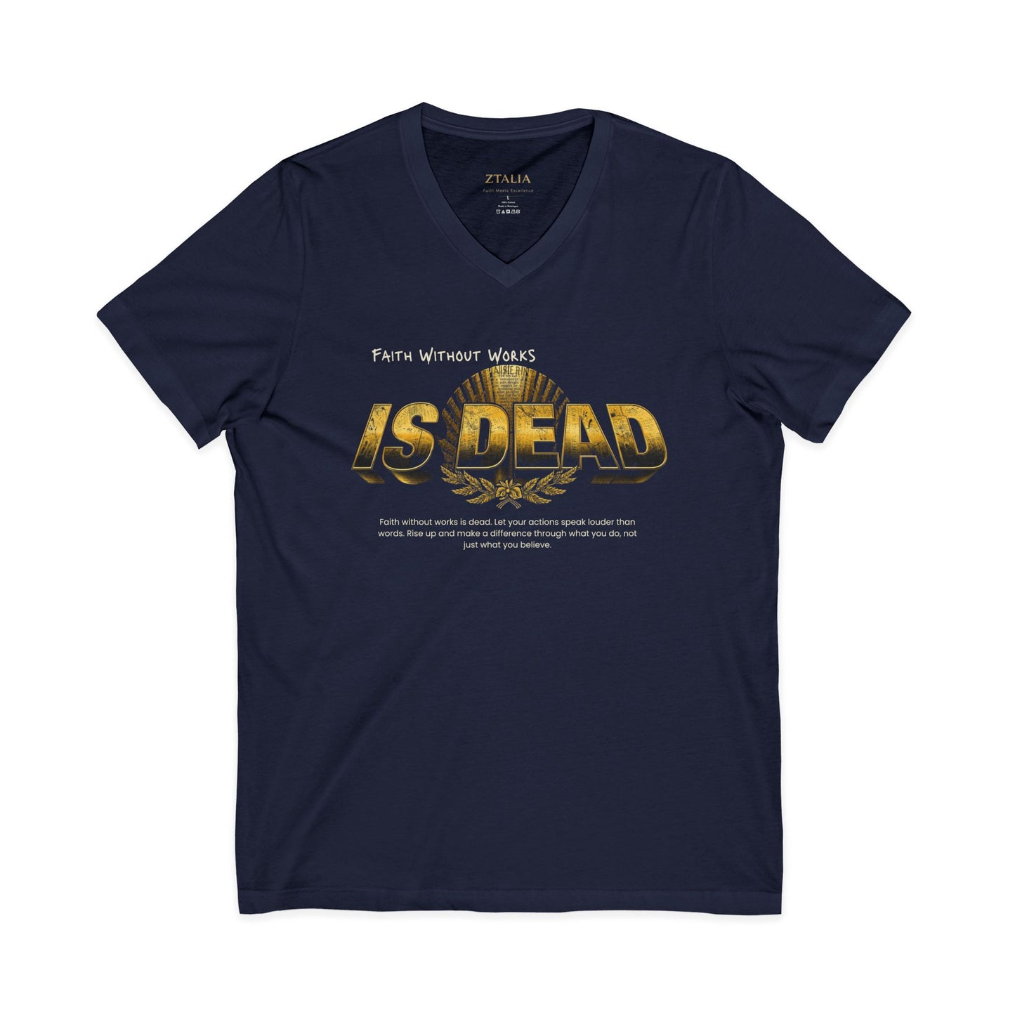 V-Neck Tee — 'Faith without Work is Dead' Vintage Sun Graphic