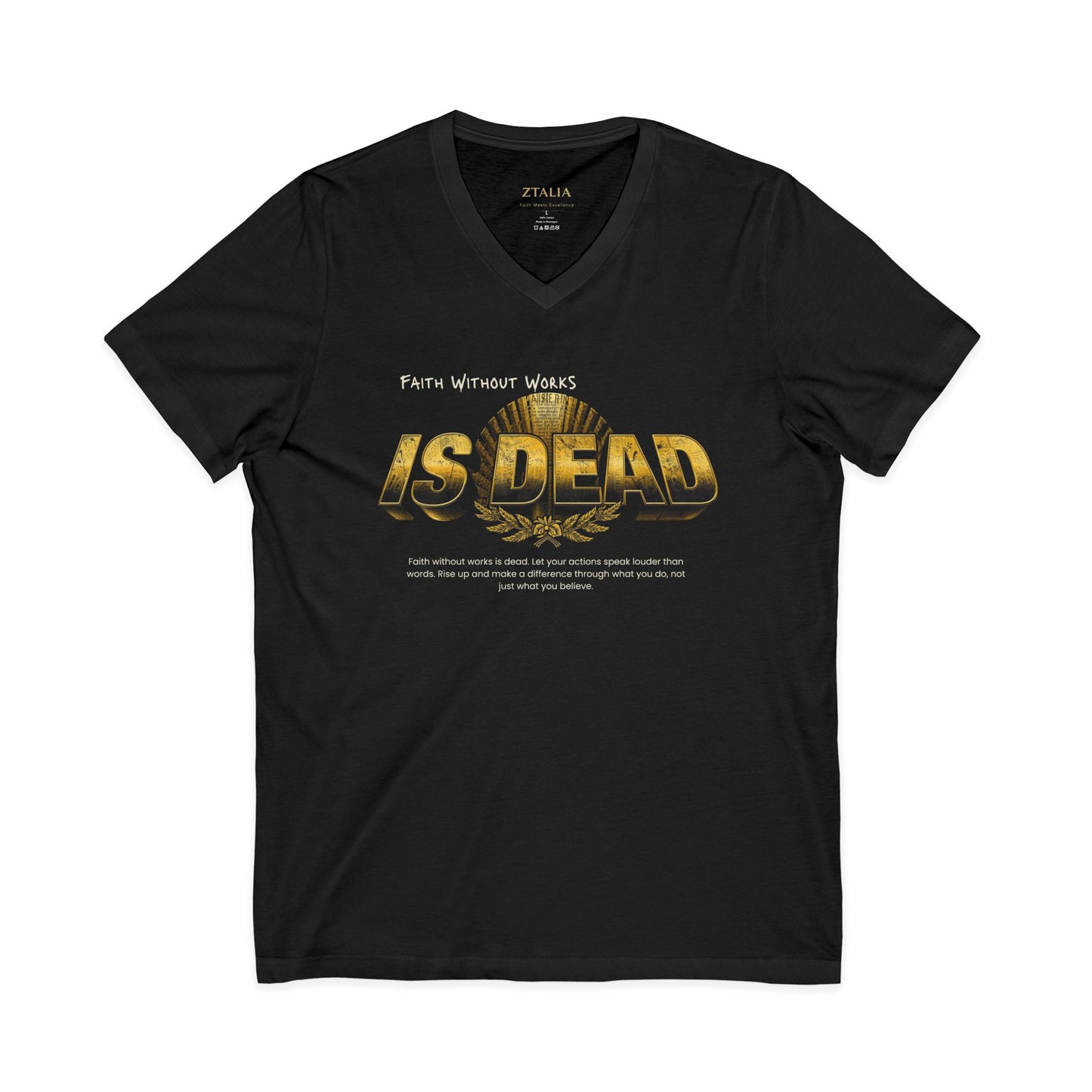 V-Neck Tee — 'Faith without Work is Dead' Vintage Sun Graphic