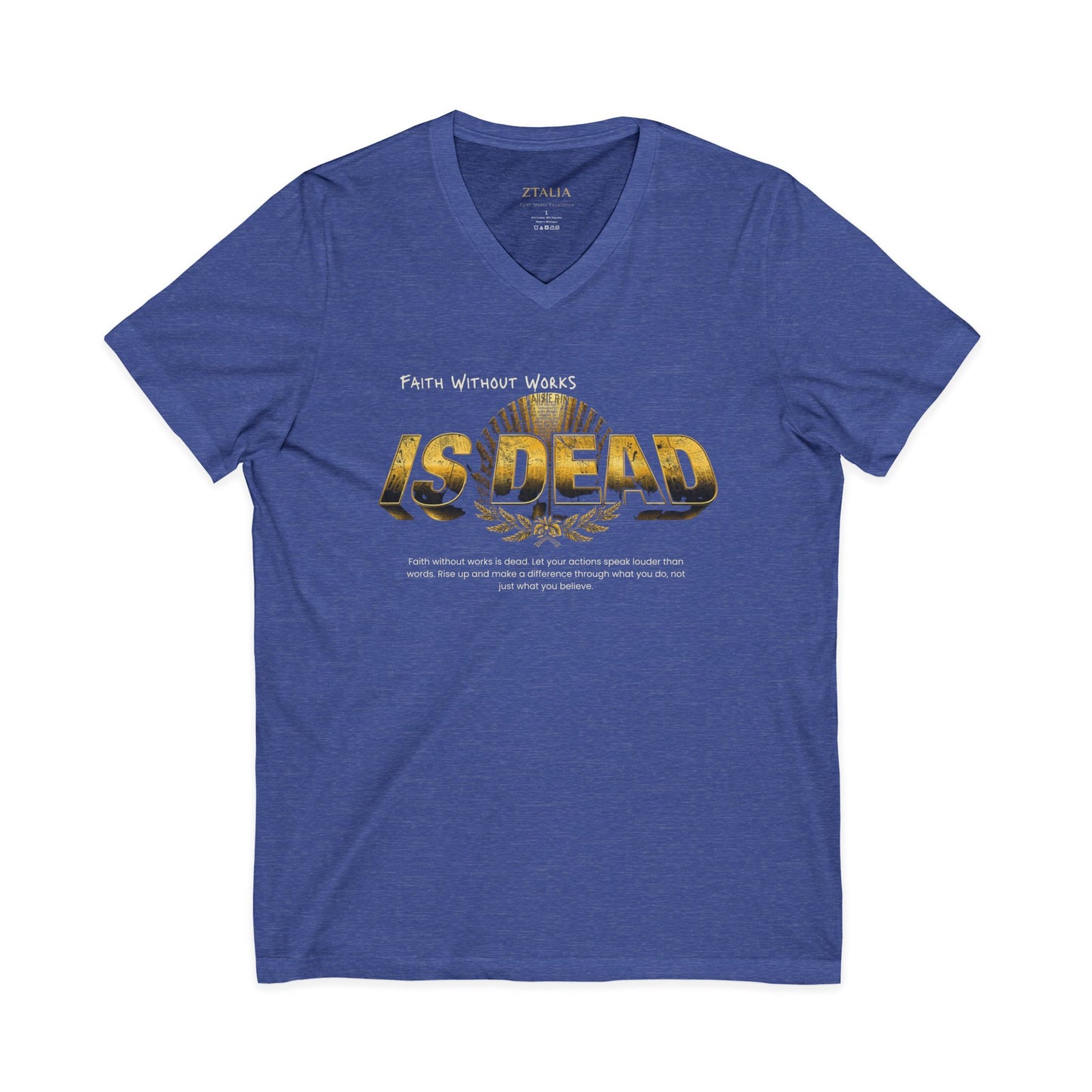 V-Neck Tee — 'Faith without Work is Dead' Vintage Sun Graphic