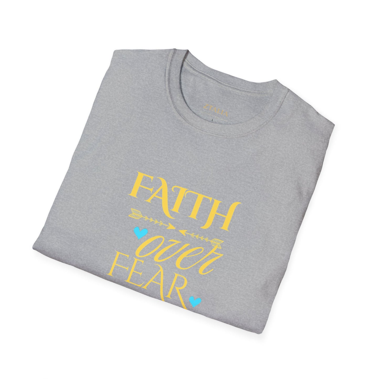 Faith Over Fear T-Shirt — Inspirational Christian Tee with Soft Script & Heart Accents