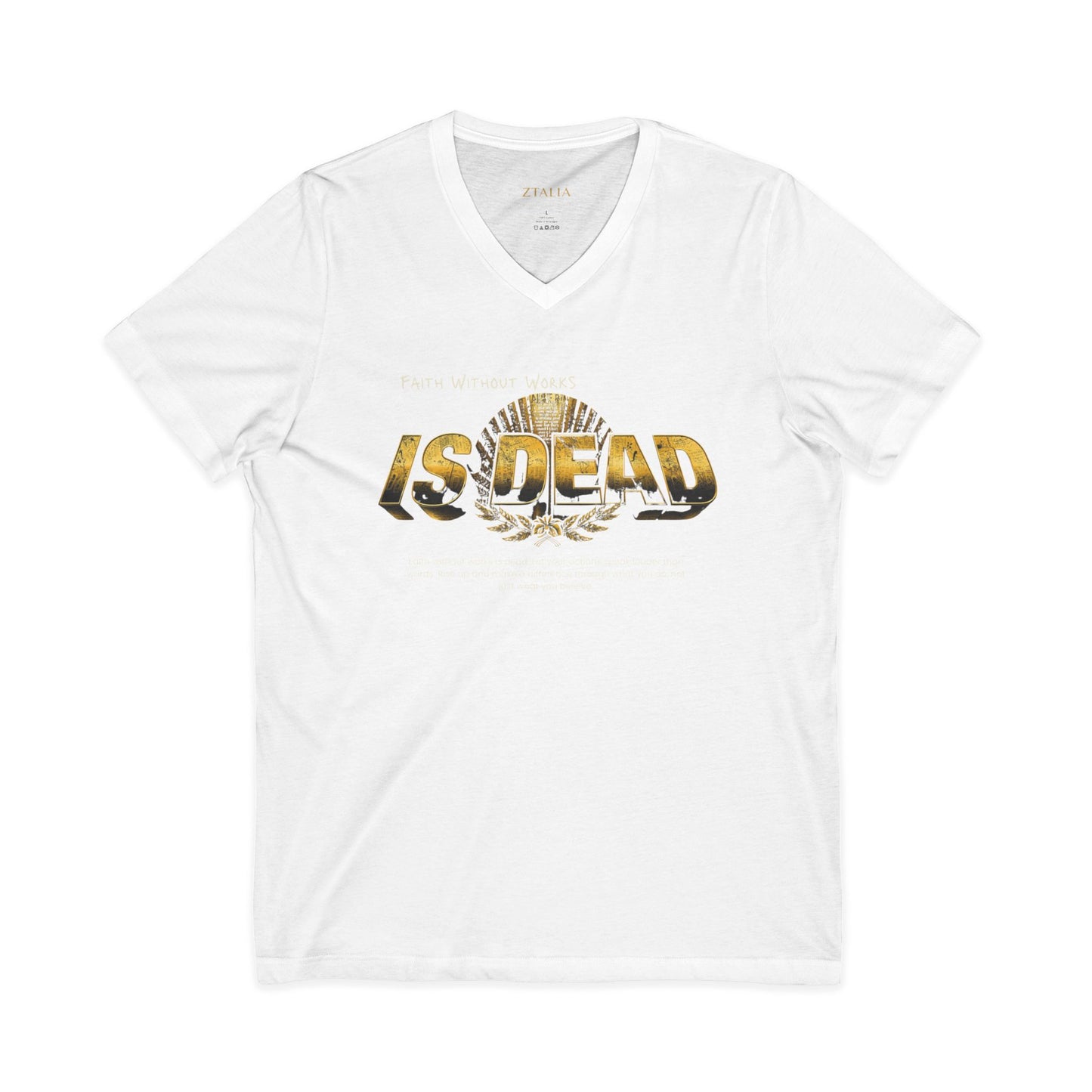 V-Neck Tee — 'Faith without Work is Dead' Vintage Sun Graphic