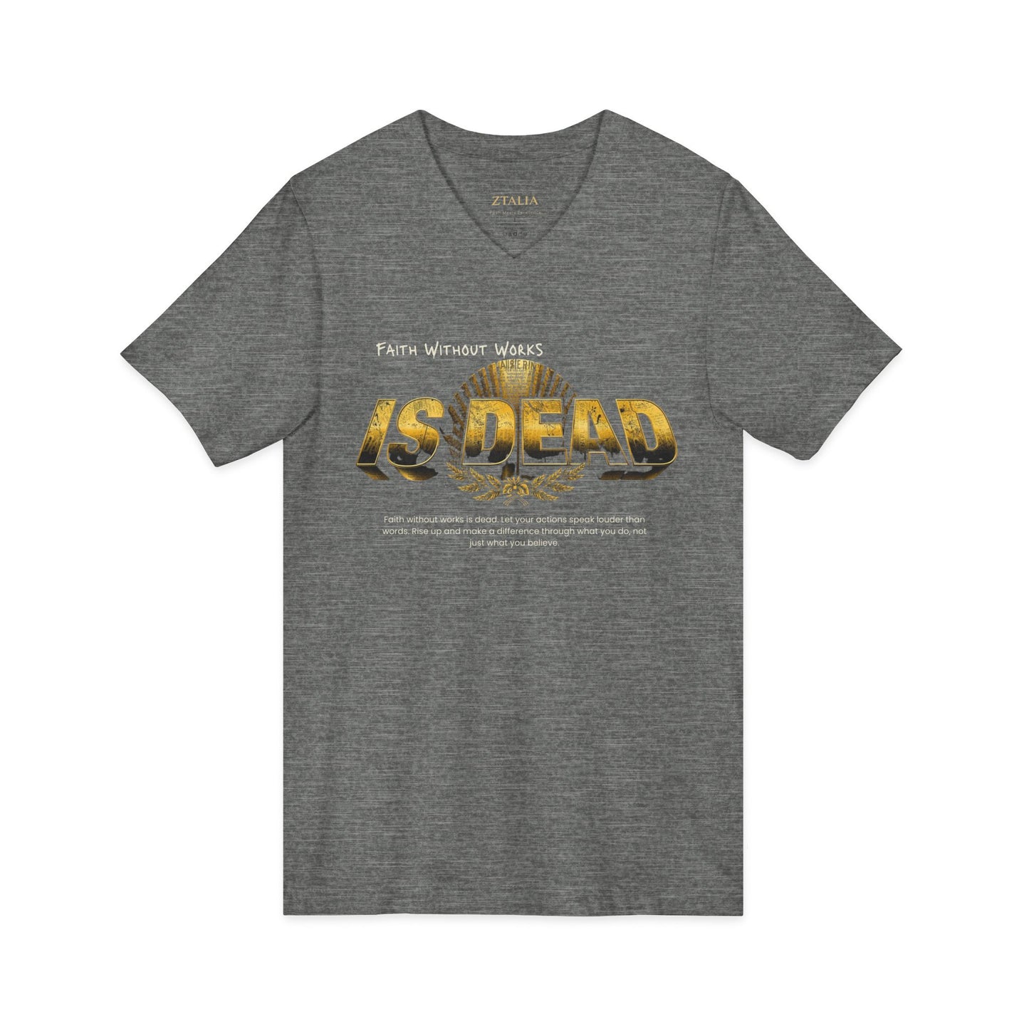 V-Neck Tee — 'Faith without Work is Dead' Vintage Sun Graphic
