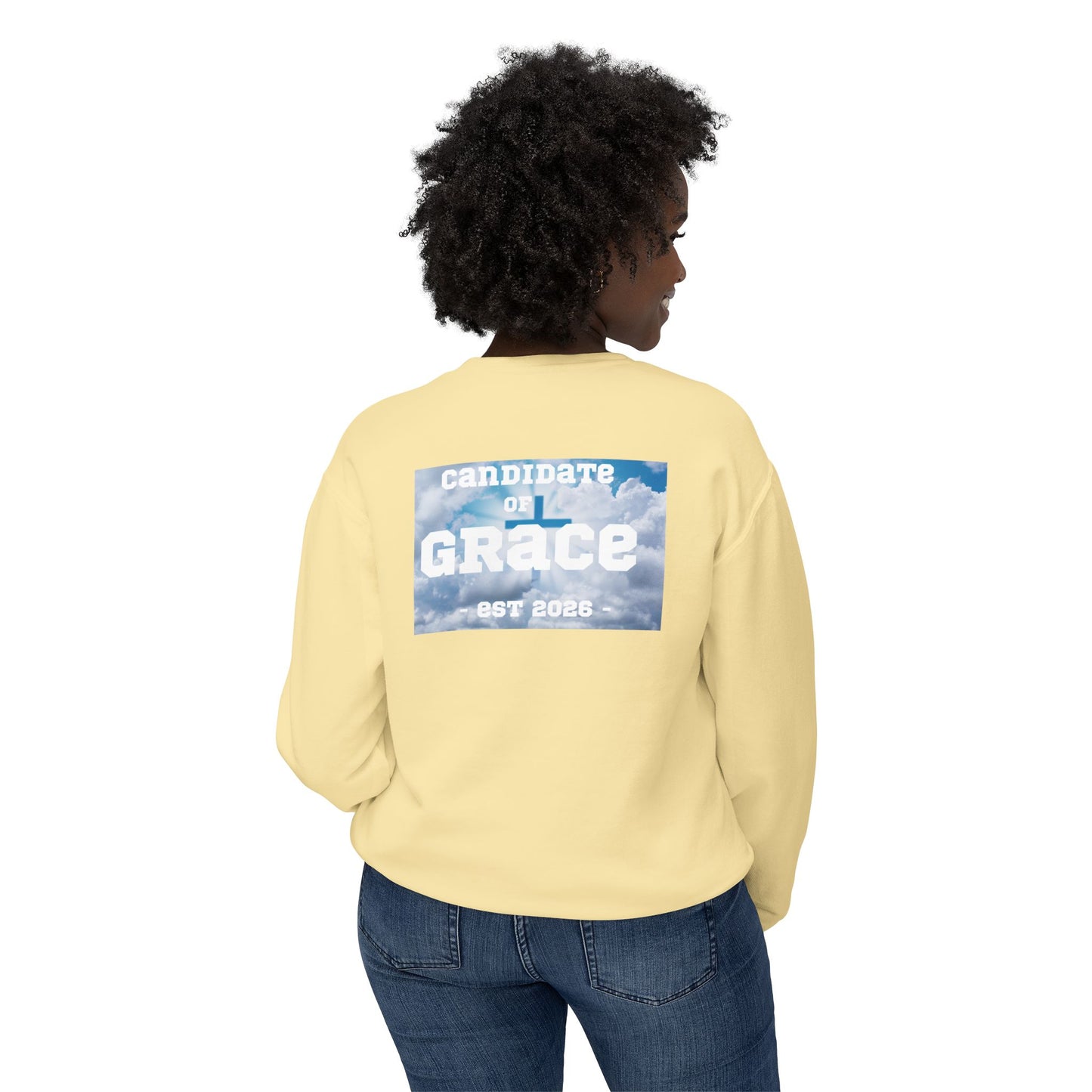 Candidate of Grace Sweatshirt — Cloud Sky Crewneck (Est. 2026)