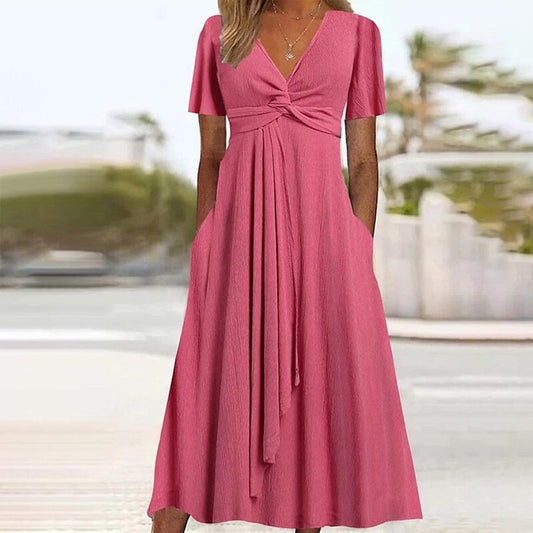 sexy V Neck Twist Chest Design Pleated Party Dress